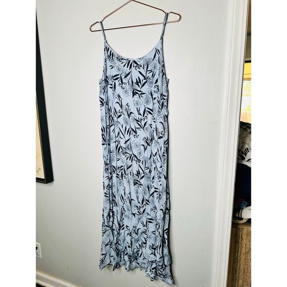 THANKOON COLLECTIVE Blue Shift V-Neck Floral Leaf Print Midi Dress Size 14 - Picture 7 of 12